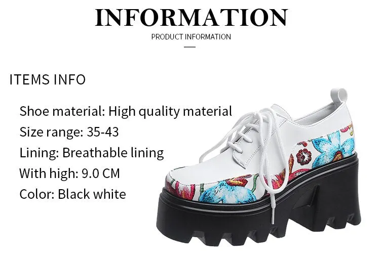 Lolita Spring and Autumn Printing Women&#39;s Shoes Waterproof Platform Thick Bottom Lace Up Fashion Women&#39;s Shoes  Zapatos De Mujer