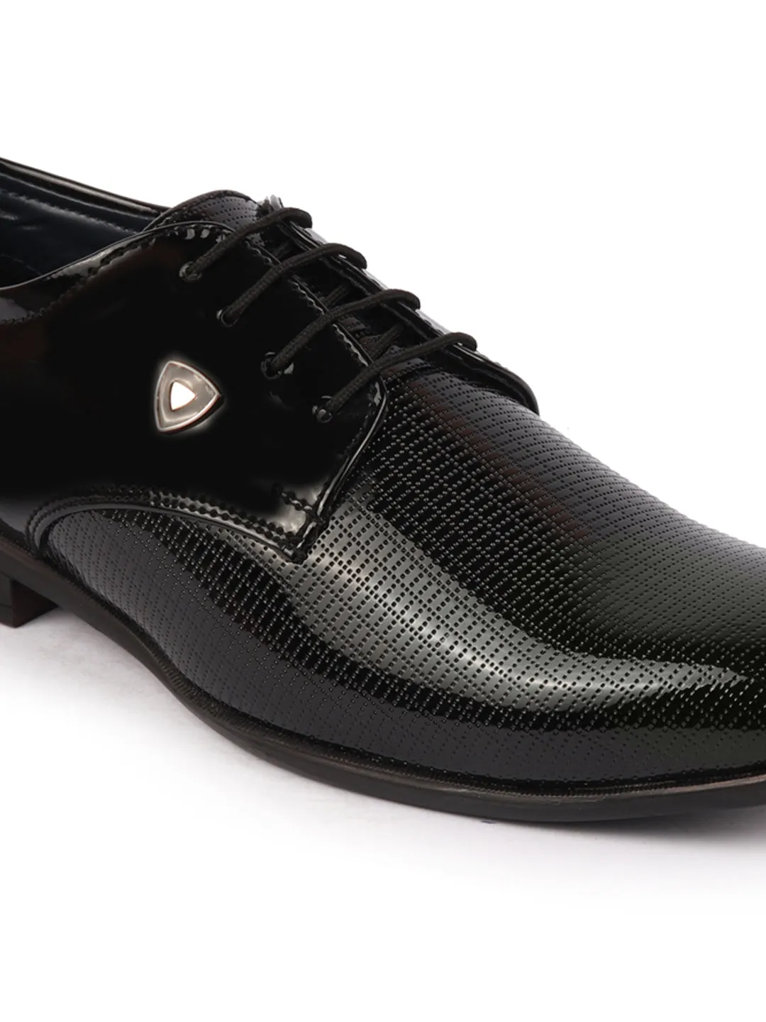 Men Black Patent Leather Textured Design Formal Office Lace Up Shoes