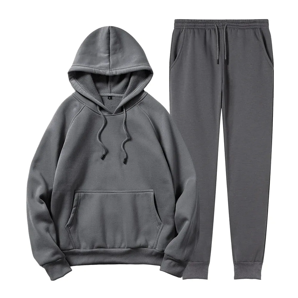 Men's Sports Solid Color Pullover Fleece Hoodies Joggers Two Piece Set