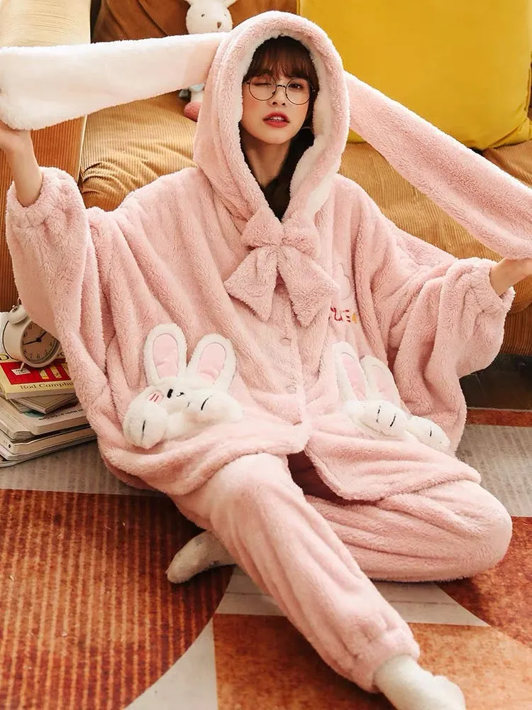 Pink Bunny Cozy Dreamy Winter Flannel Pajama Set