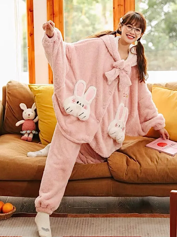 Pink Bunny Cozy Dreamy Winter Flannel Pajama Set