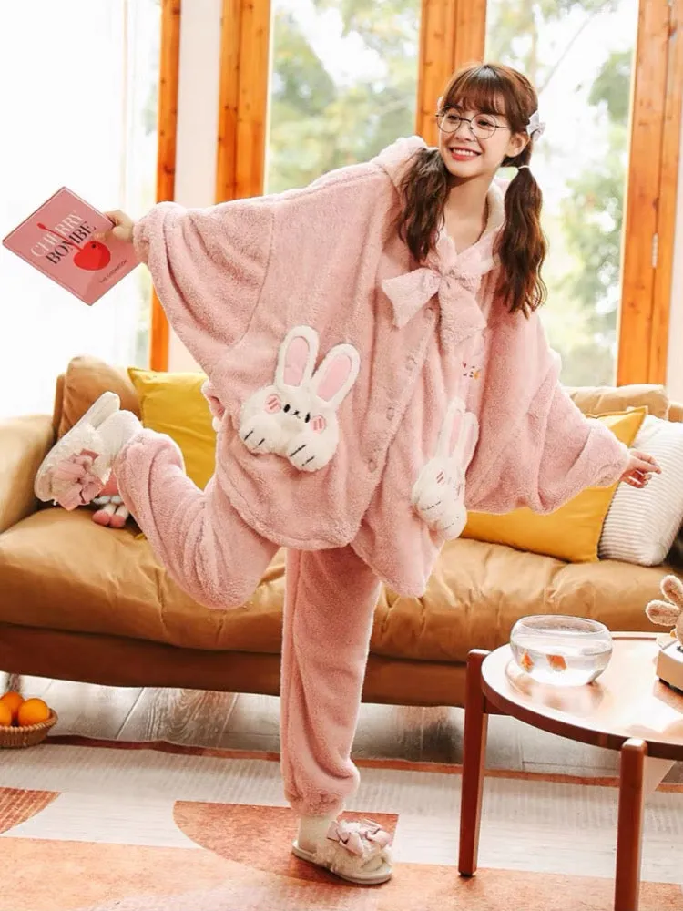 Pink Bunny Cozy Dreamy Winter Flannel Pajama Set