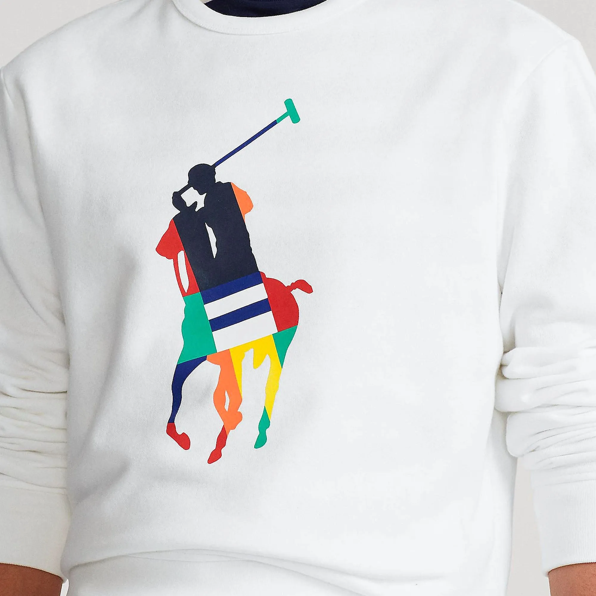 RL - Men 'White' Big Pony Multi color Fleece Crewneck Sweatshirt PL729