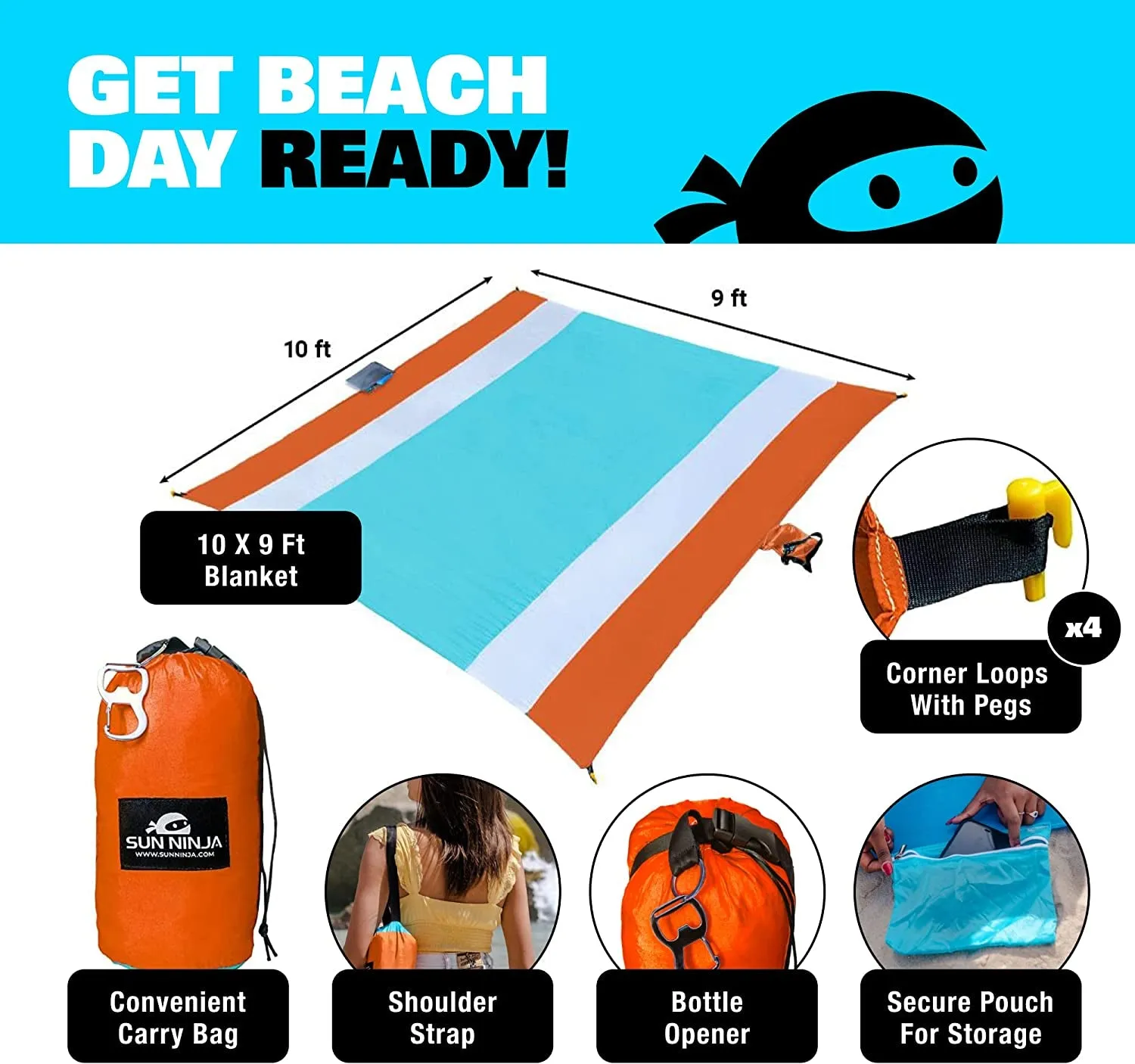 SUN NINJA Sand Free Beach Blanket - Outdoor Blanket, Beach Mat & Accessories - 10Ft X 9Ft Lightweight Blanket with Storage, Bottle Opener, Carabiner, Shoulder Strap, Corner Sand Pockets & 4 Stakes