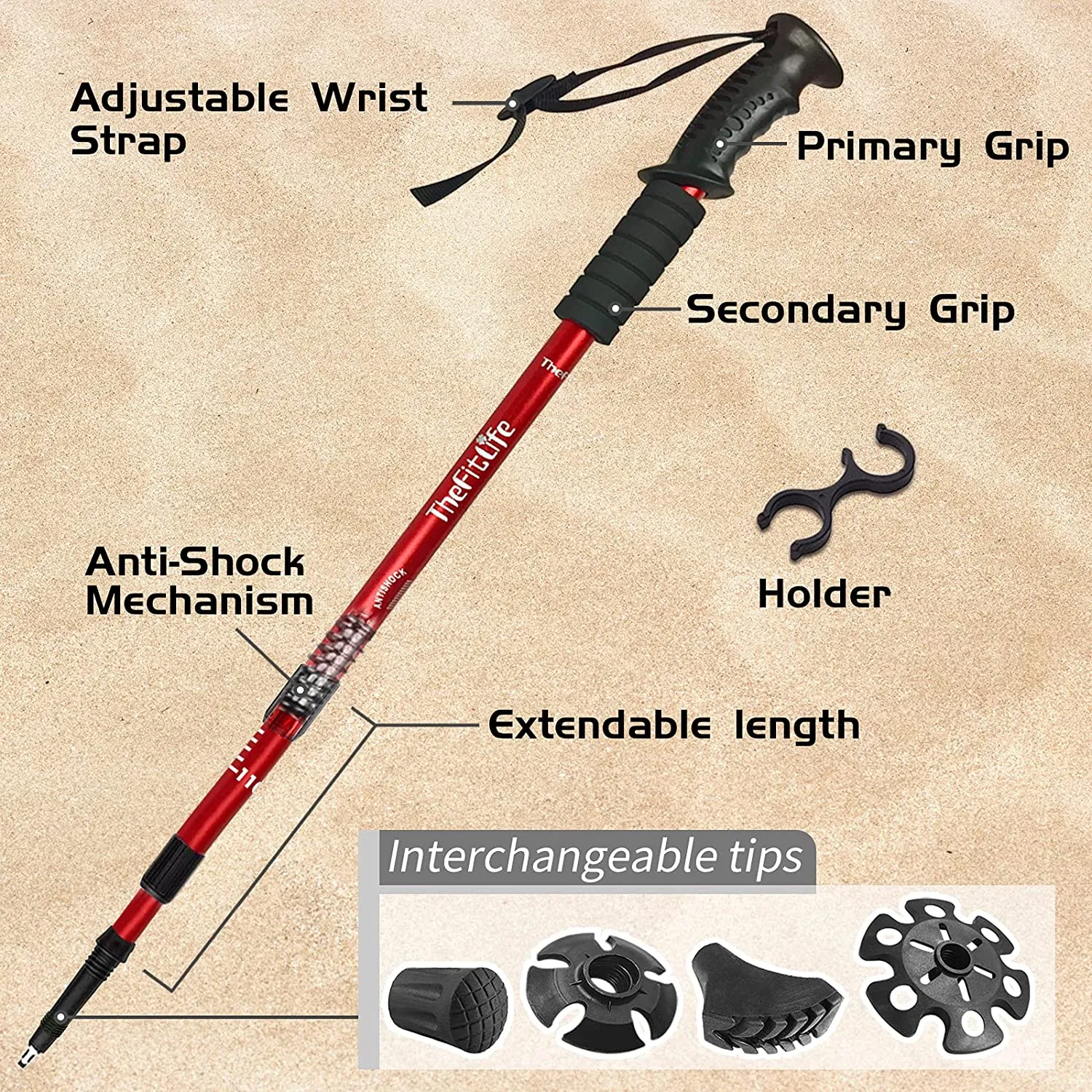 Thefitlife Nordic Walking Trekking Poles - 2 Pack with Antishock and Quick Lock System, Telescopic, Collapsible, Ultralight for Hiking, Camping, Mountaining, Backpacking, Walking, Trekking