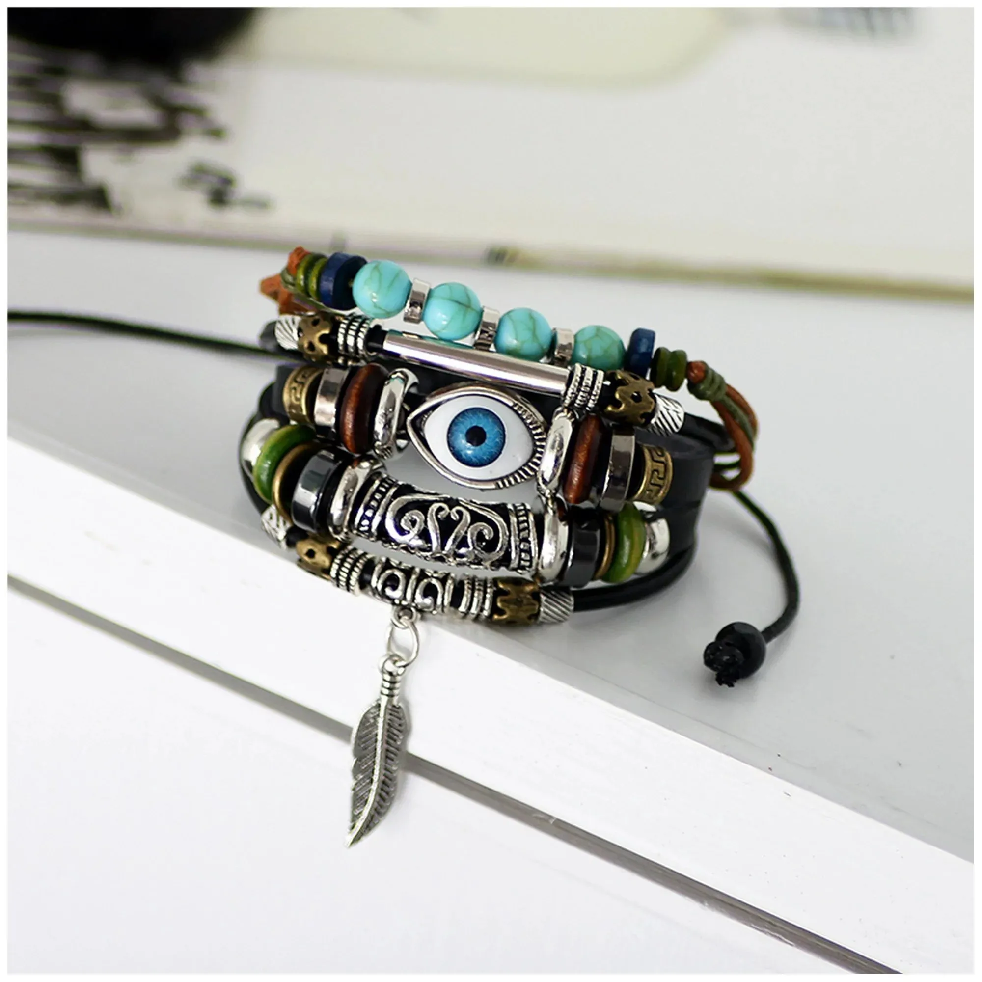 Tribal Evil Eye Protection Synthetic Turquois and Feather Unisex Leather Wristband Bracelet Men or Women