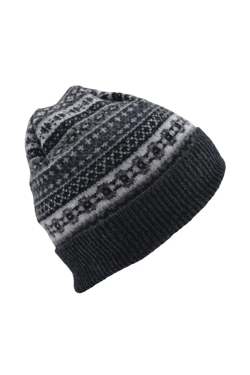 Tweed Fair isle beanie hat - Charcoal Grey