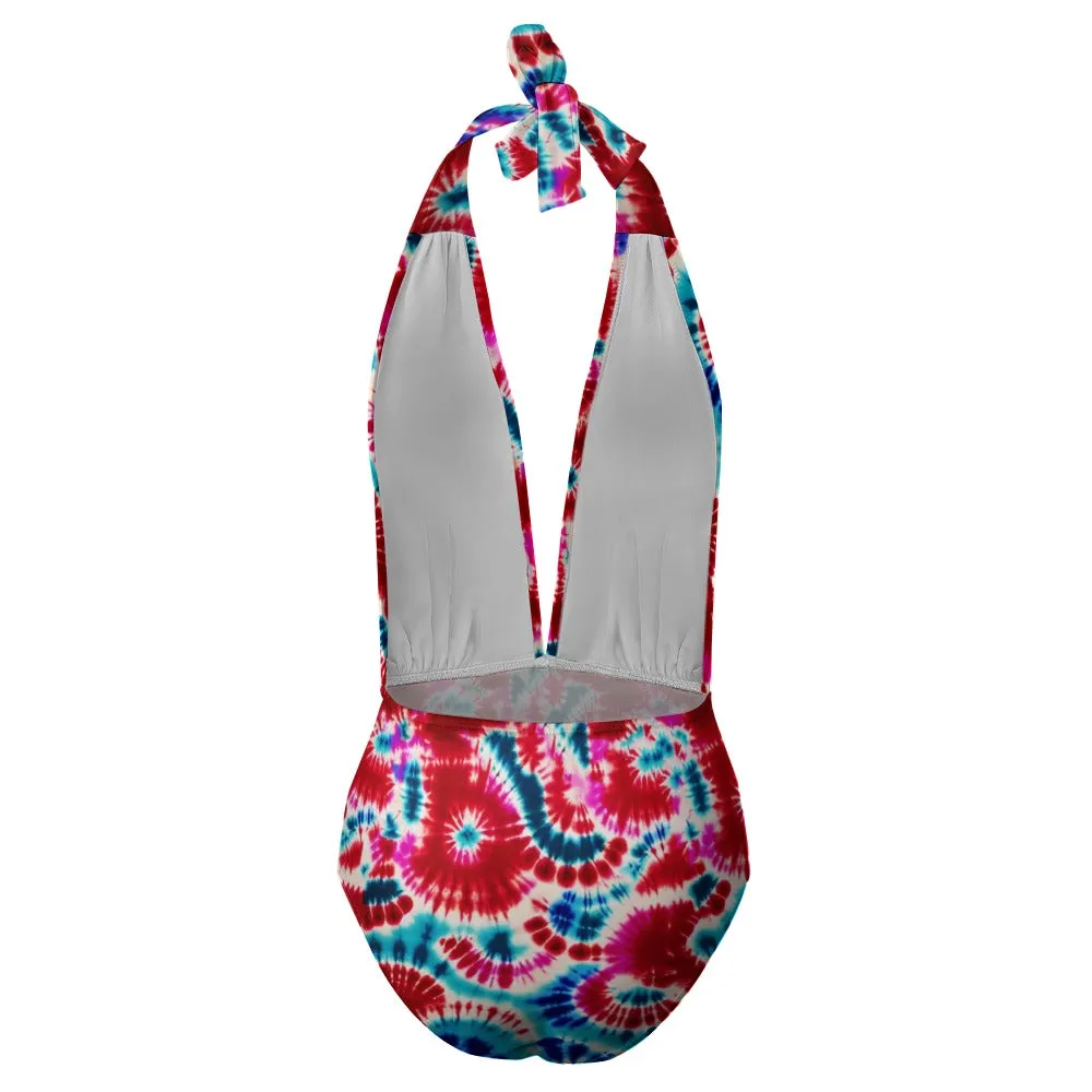 Vampire Art Hippie Tie-Dye Motif Festival Boho One Piece Halter Swimsuit - Red and Blue