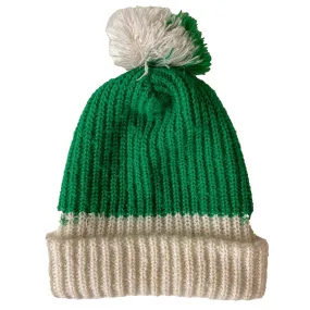 Vintage Green & White Knit Winter Ski Hat Beanie