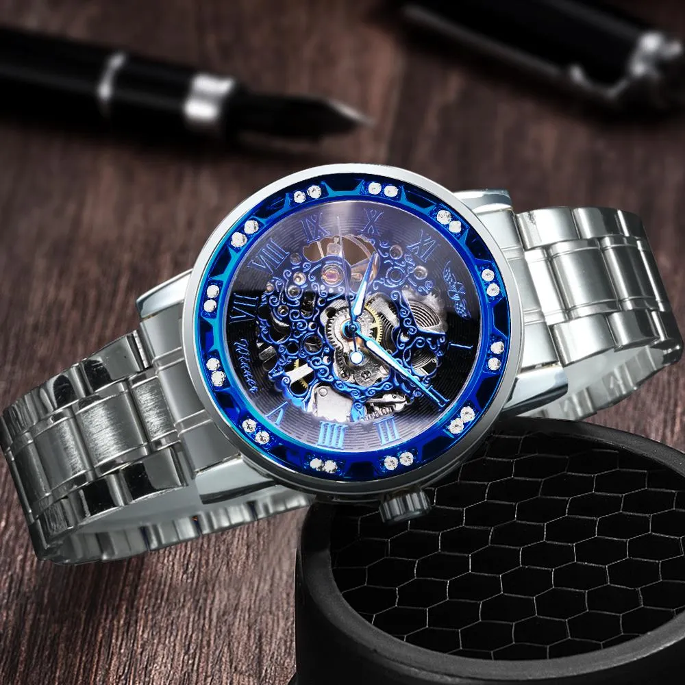 WINNER Top Brand Luxury Mechanical Mens Watches Dial Carving Skeleton Watch Stainless Steel Strap Classic Dress Wrist Watches