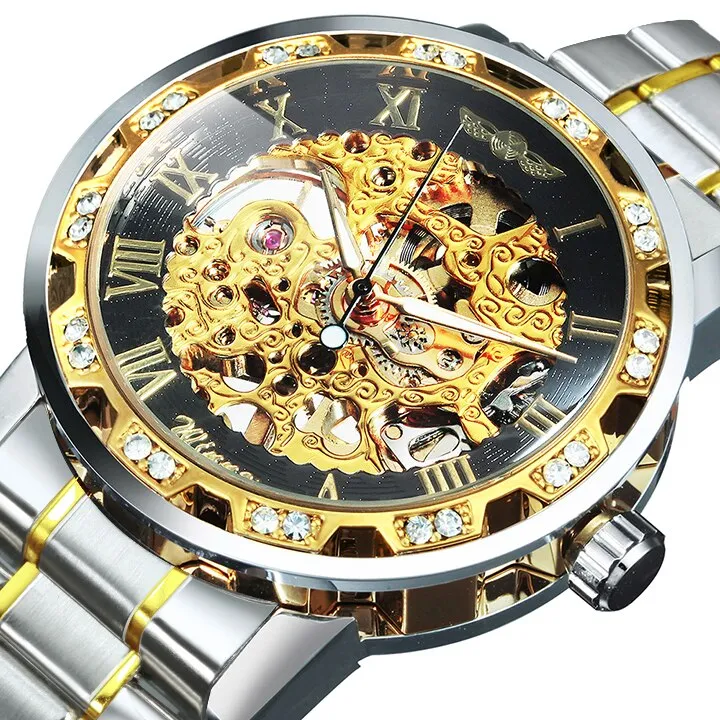 WINNER Top Brand Luxury Mechanical Mens Watches Dial Carving Skeleton Watch Stainless Steel Strap Classic Dress Wrist Watches