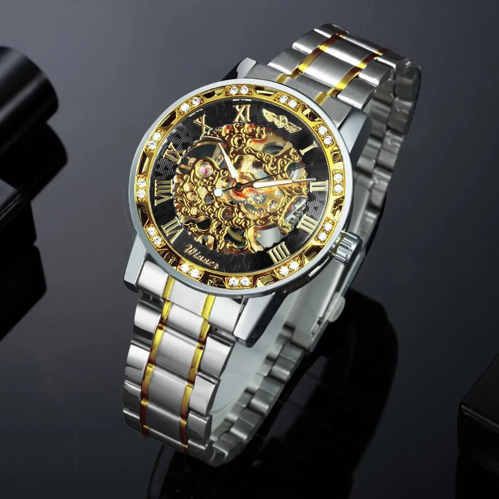 WINNER Top Brand Luxury Mechanical Mens Watches Dial Carving Skeleton Watch Stainless Steel Strap Classic Dress Wrist Watches