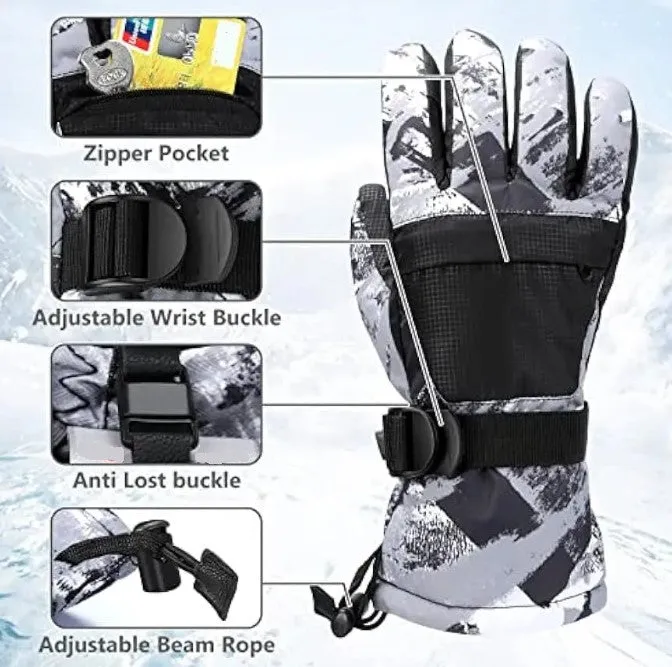 Winter Waterproof Ski Gloves Adjustable Wrist Buckle Zipper Pocket